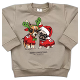 Kerst Merry Christmas Mops Chihuahua Strijk Applicatie op een beige sweater voor kinderen