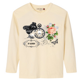 Zak Horloge Vintage Klok Roos Strijk Applicatie op een crème kleurige sweater