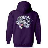 Sneeuwluipaard Sneeuwpanter XXL Strijk Full Color Applicatie op de achterkant van een paarse hoodie