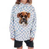 Boxer Hond Honden XL Strijk Applicatie op een blauw met wit geblokte hoodie