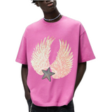 Vleugel Engel Paillette Vleugels XXL Strijk Embleem Patch Set Rosé samen met een zilverkleurige paillette ster patch op een donker roze t-shirt