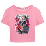 Skull Doodshoofd Rozen Strijk Applicatie Believe In Yourself op een roze kort t-shirtje