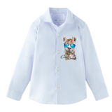 Lama Strijk Applicatie Cool Lama Medium op een licht blauwe blouse kindermaat