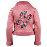 Butterfly's On Pink Roses Strijk Patch Set op de rugzijde van een roze swede jas