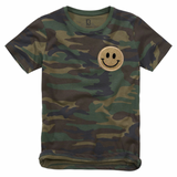 Smiley Emoji Strijk Embleem Patch Goud Glitter op een t-shirtje met camouflage print