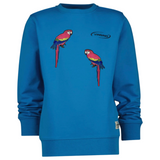 Papegaai Strijk Embleem Patch Rechts samen met de linker variant op een blauwe sweater