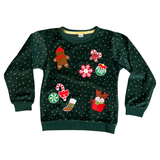 Kerst Kerst Zuurstok Candy Cane  Strijk Embleem Patch samen met 7 andere strijk patches op een groene sweater 