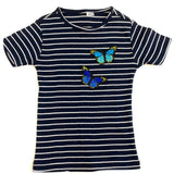 Donkerblauwe en Donker Blauw Zwarte Vlinder Strijk Embleem Patch op een t-Shirtje