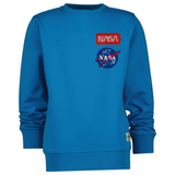 Nasa Tekst Embleem Strijk Patch Rood Wit samen met het ronde NASA embleem op een blauwe sweater