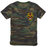 Skull Schedel Sugarskull Strijk Embleem Patch Geel op een kindermaat t-shirt met camouflage print