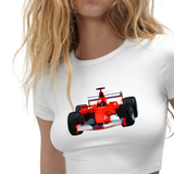 Formule 1 Raceauto / Racewagen Strijk Applicatie Rood op een wit t-shirt