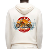 Motor Bike Vintage Rider Motor Cycles Strijk Applicatie op de rugzijde van een witte hoodie 