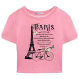 Eiffeltoren Parijs Fiets Vintage Strijk Applicatie op een kort roze shirtje