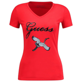 Vogel Kraanvogel XL Strijk Embleem Patch Links op een rood t-shirtje
