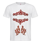 Cosplay Venetiaans Kant Sequins Strijk Applicatie Patch Set Bordeaux Rood samen met twee maal een andere variant op een wit t-shirt