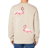 Roze Flamingo XXL Strijk Embleem Patch Set L+R op een ecru kleurige sweater
