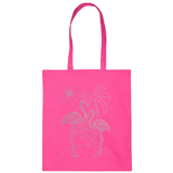 Flamingo Palmbomen Strass Applicatie op een roze linnen tas