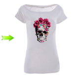 XXL Doodskop Skull Met Bloemen Strijk Applicatie  op een wit T-Shirt