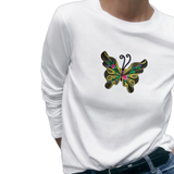 Vlinder Strijk Embleem Patch Artistiek Geel Large op een witte longsleeve