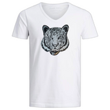 Tijger Paillette Strijk Embleem Patch Zilver op een wit t-shirt