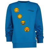 Emoji Smiley Huilen Lachen Strijk Embleem Patch samen met drie andere emoji strijk patches op een blauwe sweater 