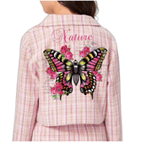 Vlinder Nature Rozen Bloemen Strijk Applicatie op de rugzijde van een roze jasje