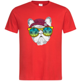 Bulldog California Beach Full Color Strijk Applicatie op een rood t-shirt