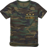 Drie maal de Ster Sterretje Strijk Embleem Patch Goud samen met een U.S. Army strijk patch op een klein t-shirtje met camouflage print