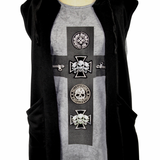 Een t-shirt met meerdere strijk patches de onderste strijk patch is de Skull Schedel Doodskop Kruis Strijk Embleem Patch 