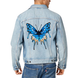 Vlinder Druppelvlinder XXL Strijk Embleem Patch op de rugzijde van een blauw spijkerjack