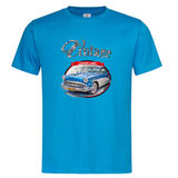 Auto Vintage Classic Cars Since 1950 New York Strijk Applicatie op een blauw t-shirtje, bij deze foto is de onderste tekst weggelaten