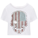 Doodskop Skull Strijk Strass-steentjes Applicatie Metaal Look op een kort wit t-shirtje