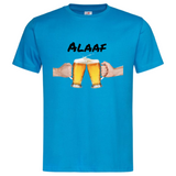 Bier Glazen Bierpull Alaaf Tekst Full Color Strijk Applicatie Large op een blauw t-shirt