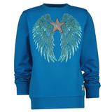 Vleugel Engel Paillette Vleugels XXL Strijk Embleem Patch Set Blauw samen met een zilverkleurige paillette ster patch op een blauwe sweater