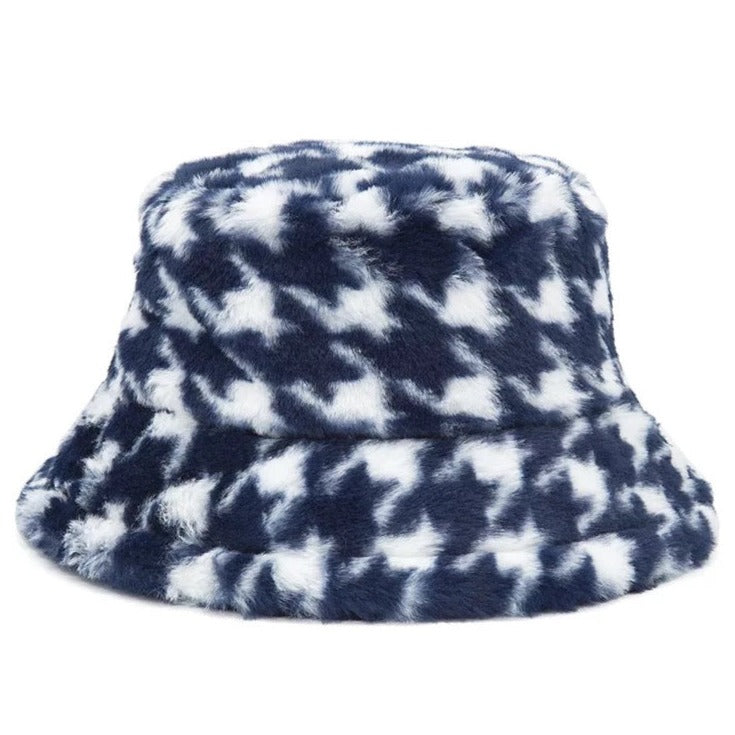 Hoed Bucket Hat Houndstooth Patroon Blauw Wit