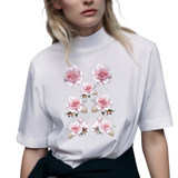 Roos Wilderozen Bloemen Full Color Strijk Applicatie op een wit t-shirt