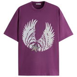 Vleugel Paillette XXL Strijk Applicatie Patch Set Wit samen met een paillette zilverkleurige ster patch op een paars t-shirt