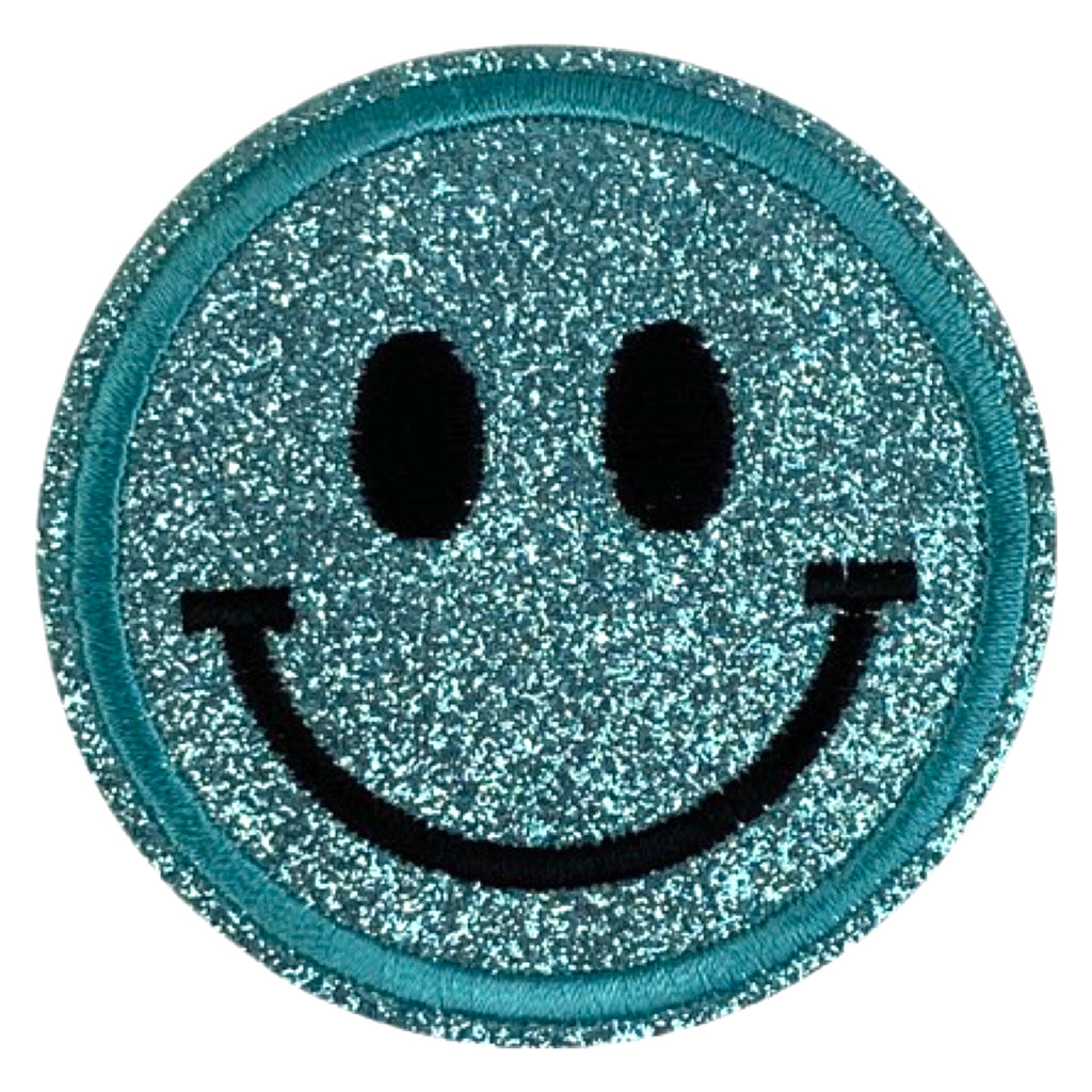 Blauwe Glitter Smiley Emoji Strijk Embleem Patch