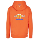 Bier Glazen Bierpull Proost Tekst Full Color Strijk Applicatie Small samen met de grotere variant op een oranje hoodie