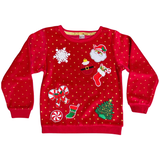Kerstboom Strijk Embleem Patch goud samen met zeven andere strijk kerst patches op een rode sweater