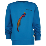Rood Gele Paillette Paradijs Vogel XXL Strijk Embleem Patch op een blauwe sweater