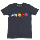 Lolly Met Rood Hartje Strijk Patch samen met vier andere snoep strijk patches op een donkerblauw t-shirtje