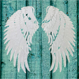 Witte Paillette Vleugel XXL Strijk Applicatie Patch Set Links En Rechts afgebeeld op een blauw / groen achtergrond