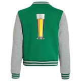 Bier Bierglas Strijk Applicatie Large op de rugzijde van een groen college jasje met grijze mouwen