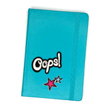 Oops Comic Style Comicbook Tekst Strijk Embleem Patch Beige op een blauwe agenda samen met een ster strijk patch
