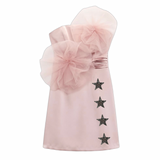 vier maal de Ster Strass Strijk Embleem Patch Antraciet op een roze cocktail jurk