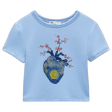Hart Vincent Van Gogh Sterrennacht Orgaan Strijk Applicatie op een blauw t-shirtje