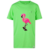 Flamingo Paillette XXL Strijk Embleem Patch op een groen t-shirtje