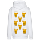 acht maal de Bier Bierglas Biertje Full Color Strijk Applicatie Small op een witte hoodie