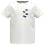 Bij Bijen Strijk Embleem Patch Geel samen met drie andere kleuren op een wit klein t-shirtje